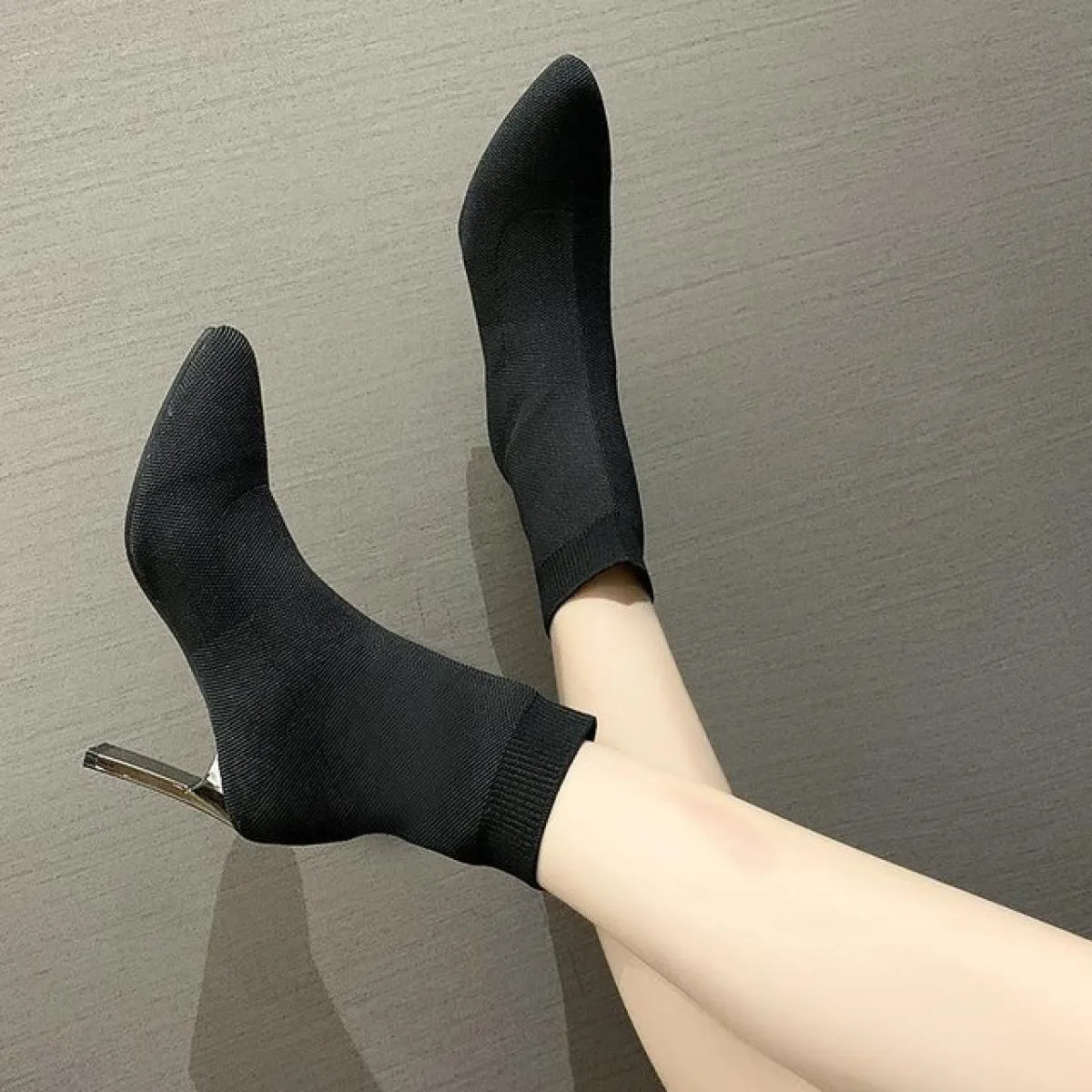 Calzini elasticizzati alla moda semplici Stivali Scarpe con tacco alto da donna Calzini lavorati a maglia Stivali Skinny da donn