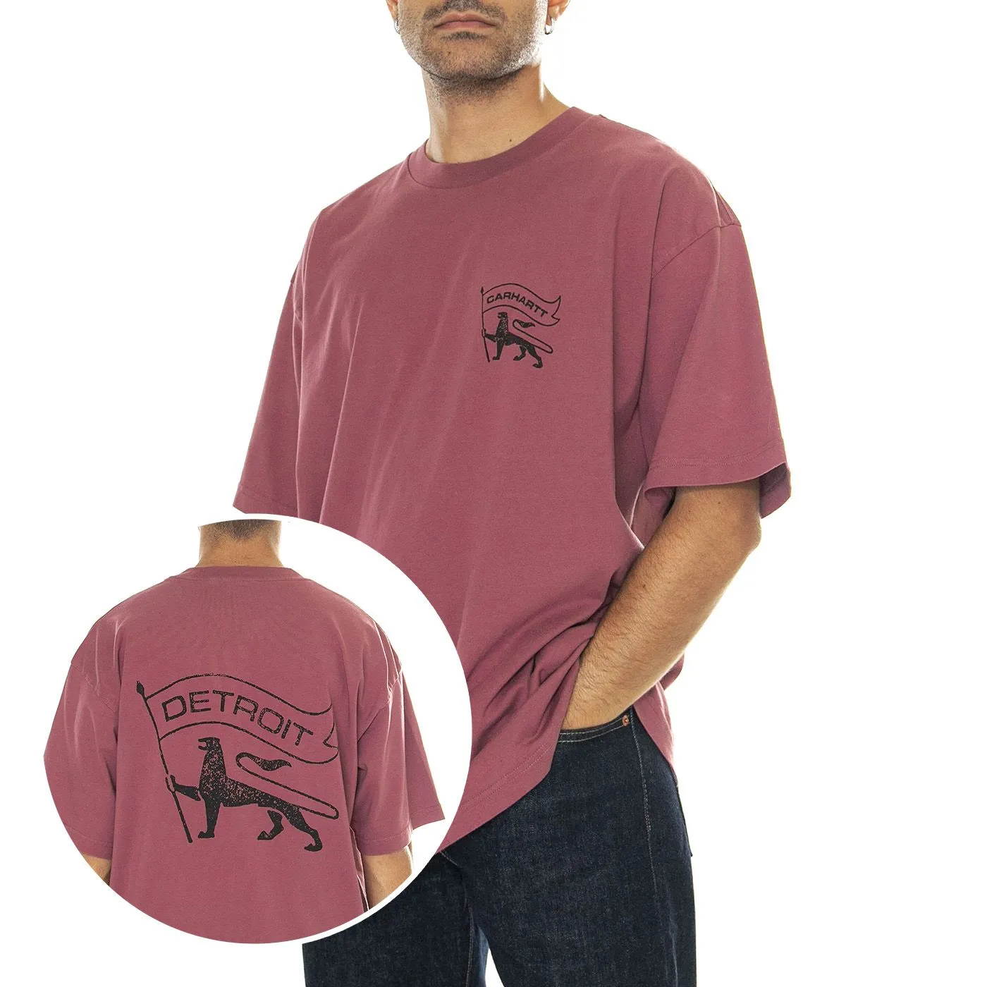 CARHARTT WIP S/S Stamp T-Shirt Dusty Fuchsia / Black stone washed - Maglietta Girocollo Uomo Bordeaux    